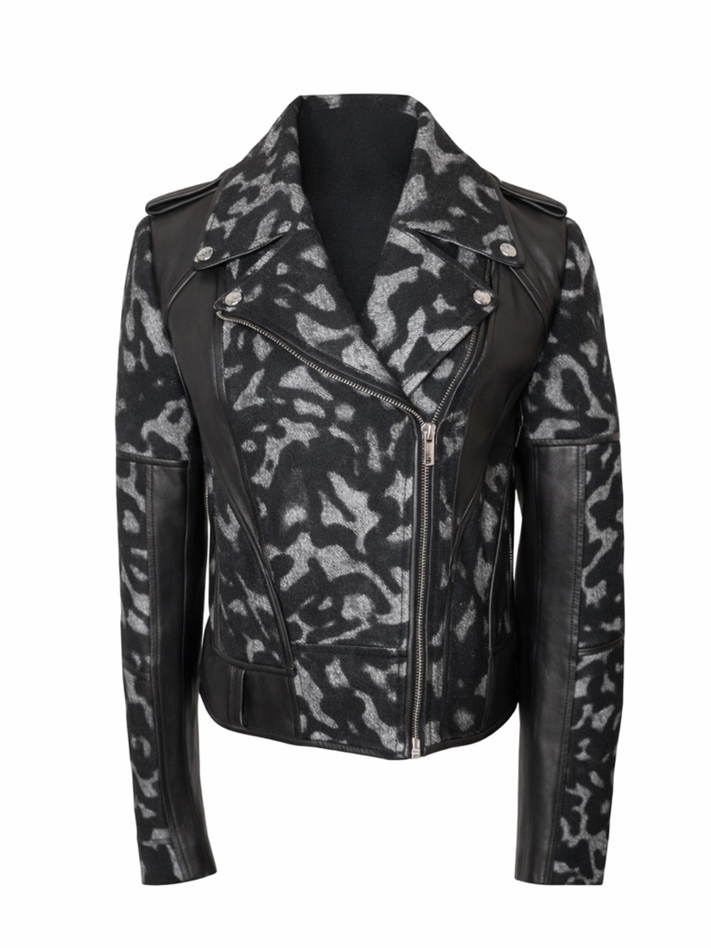 DVF Theodora Leopard‎ Wool Lamb Leather Moto Jacket Gray Y2K Chic Goth Luxe-4